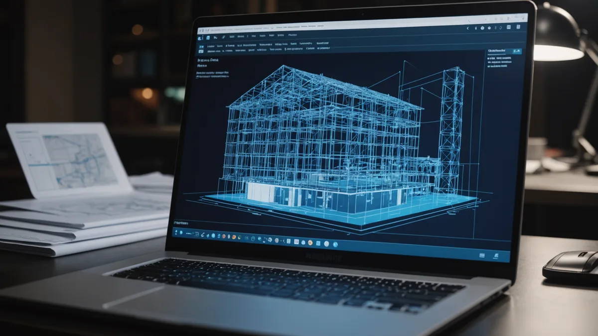 3D BIM model visualization on a monitor screen in a construction site office