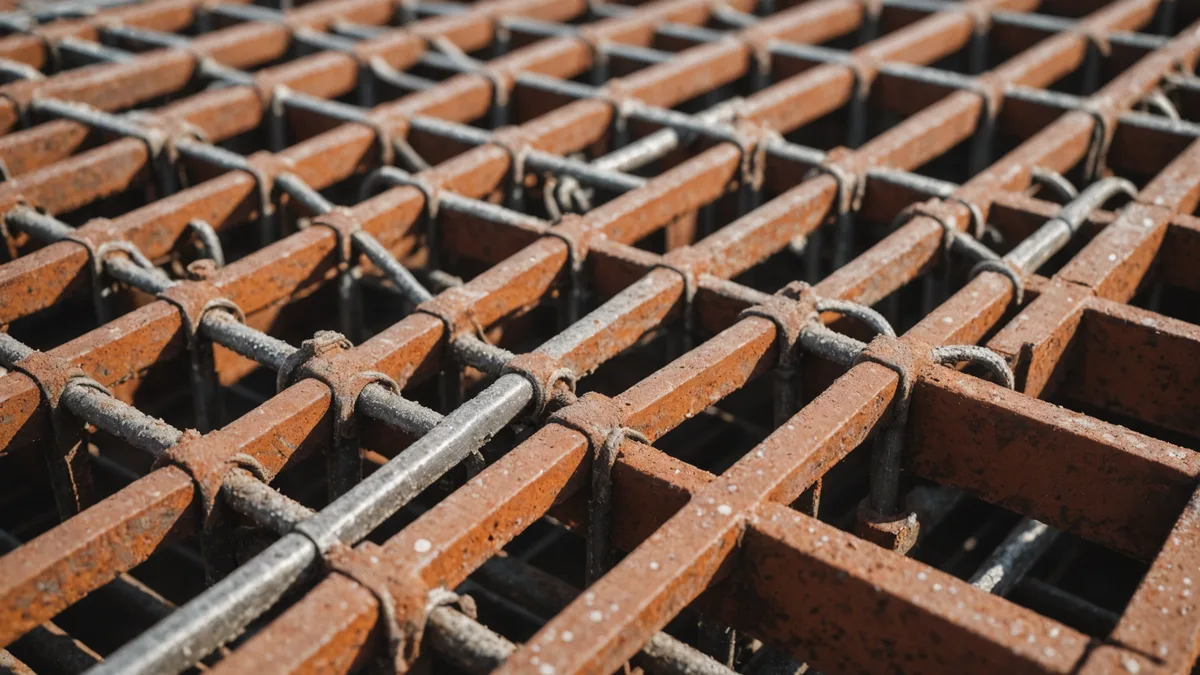 Close-up of steel rebar grid before concrete pour on a construction floor slab