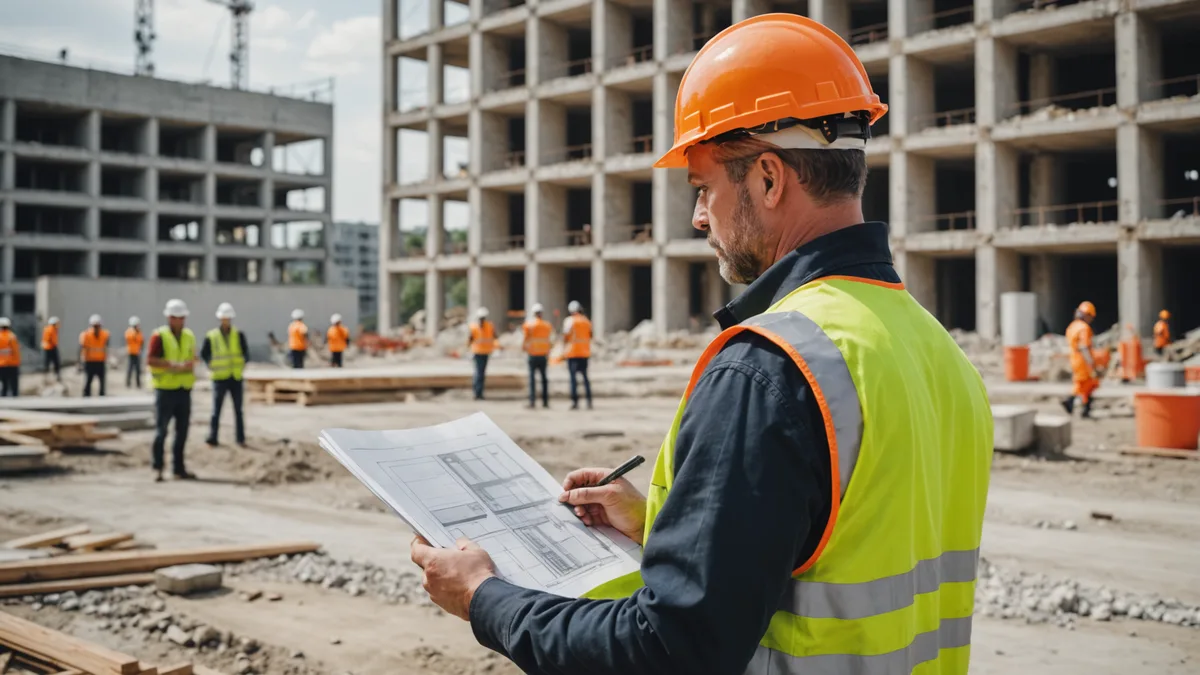 Construction site foreman reviewing progress against drawings at the site