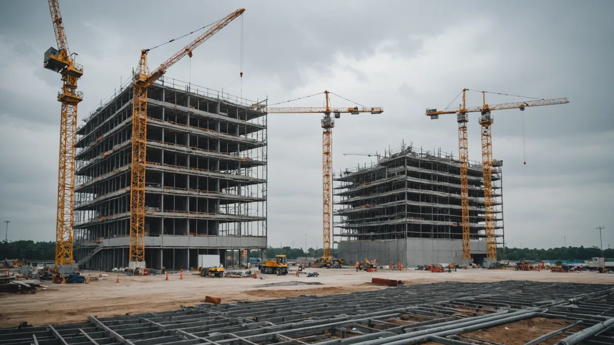 Wide view of commercial construction site showing multiple crane towers and uneven progress