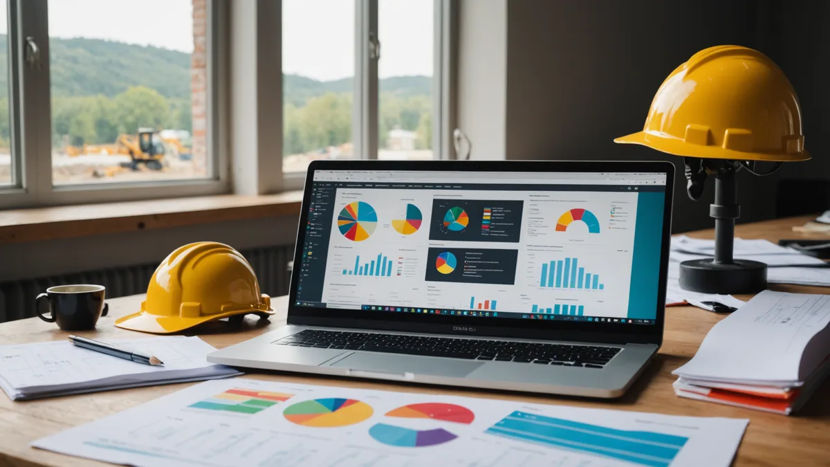 Construction project management workspace with laptop and site documents
