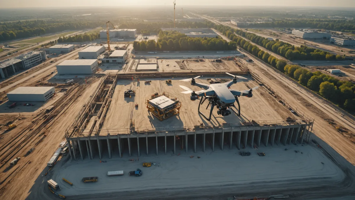 Two drones flying in formation above a large construction site
