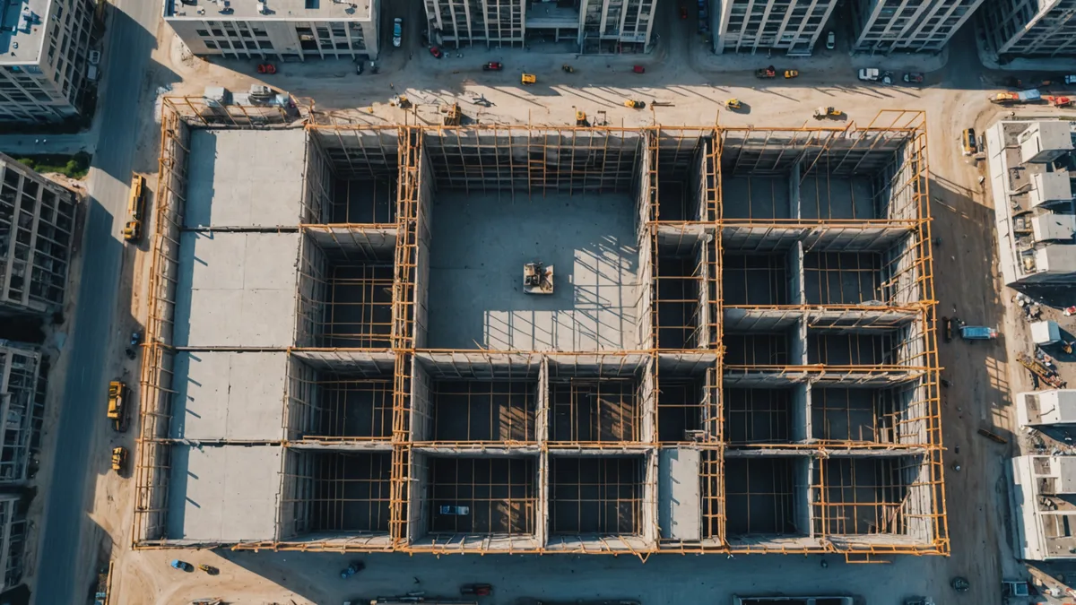 Aerial drone view of construction site showing uneven progress across floors