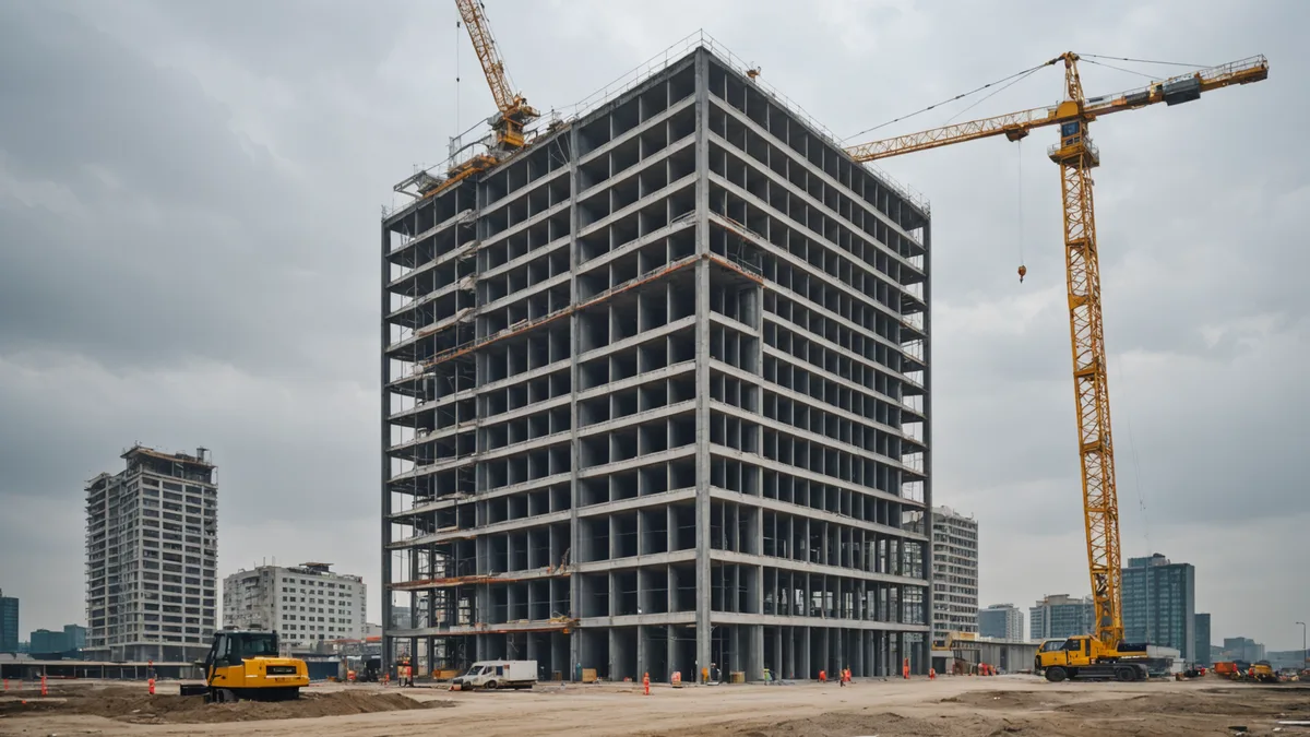 Side elevation view of high-rise building under construction showing multiple floors at different stages
