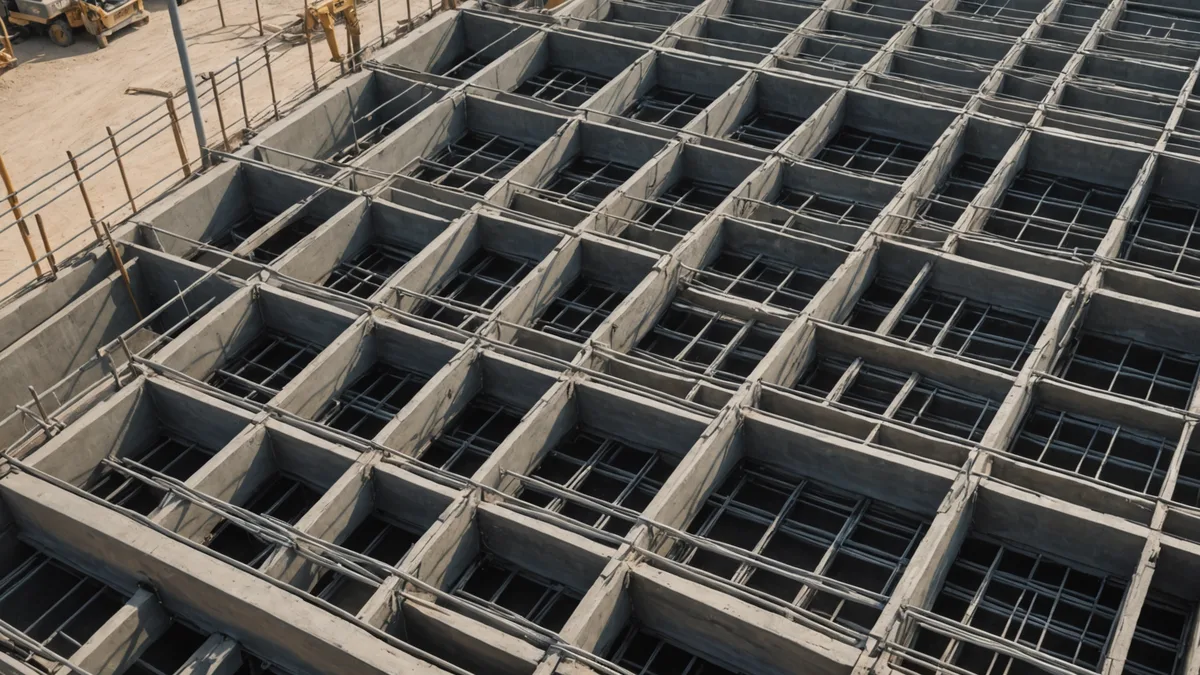 Detailed overhead view of rebar placement and concrete formwork on a construction floor