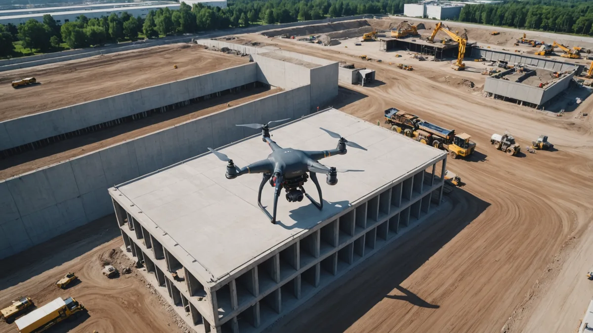 Drone hovering above construction site during an active inspection flight