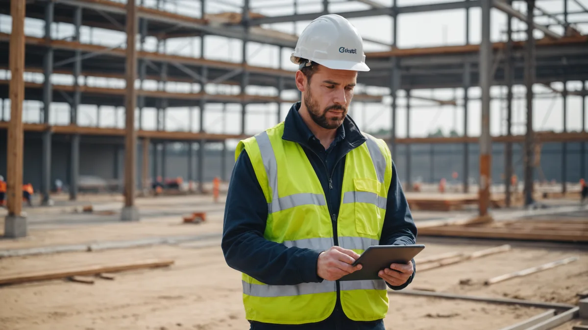 Construction PM reviewing a tablet showing site progress data on a live construction site