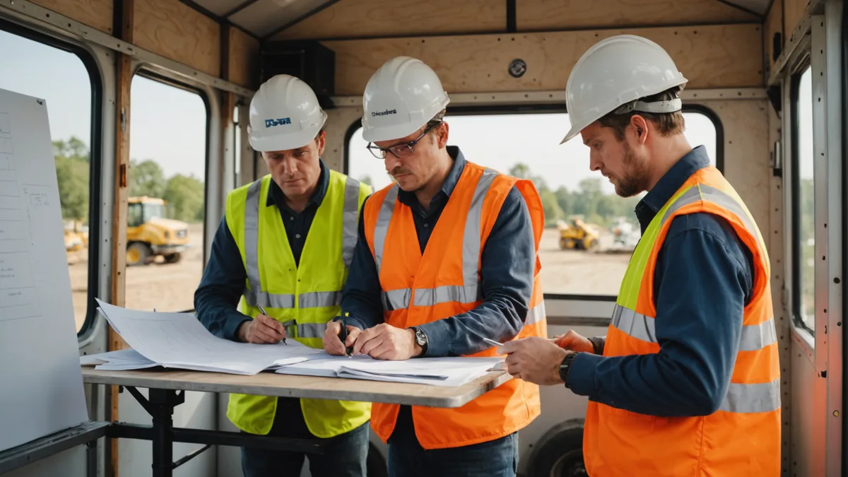 Construction site team meeting in a site trailer reviewing documents