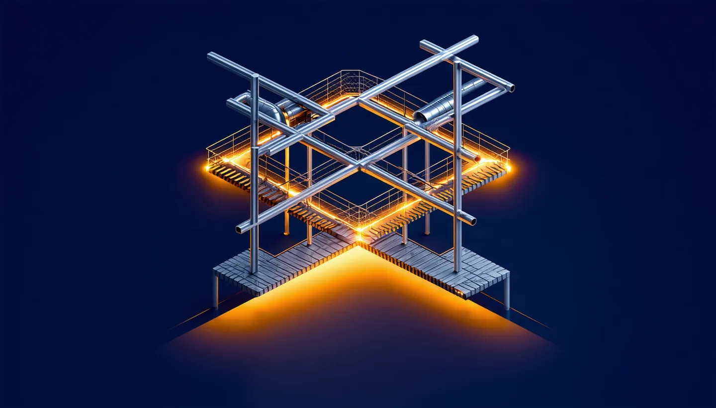 Isometric view of a BIM building model showing a highlighted clash point between an orange HVAC duct and dark navy structural steel beam, amber glow at intersection point, dark background