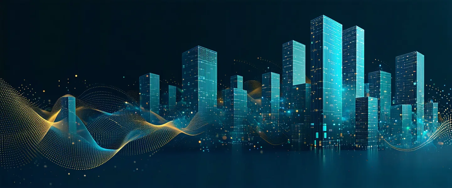 Abstract visualization of BIM model data flowing through an AI analysis pipeline, geometric shapes representing building model elements being processed