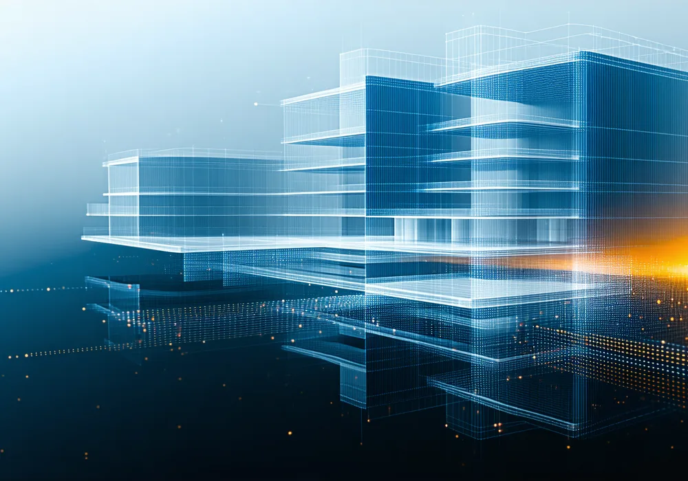 Abstract visualization of a 3D BIM building model wireframe aligned with point cloud data