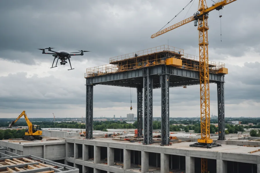 Professional construction drone flying a grid pattern over a mid-rise building under construction