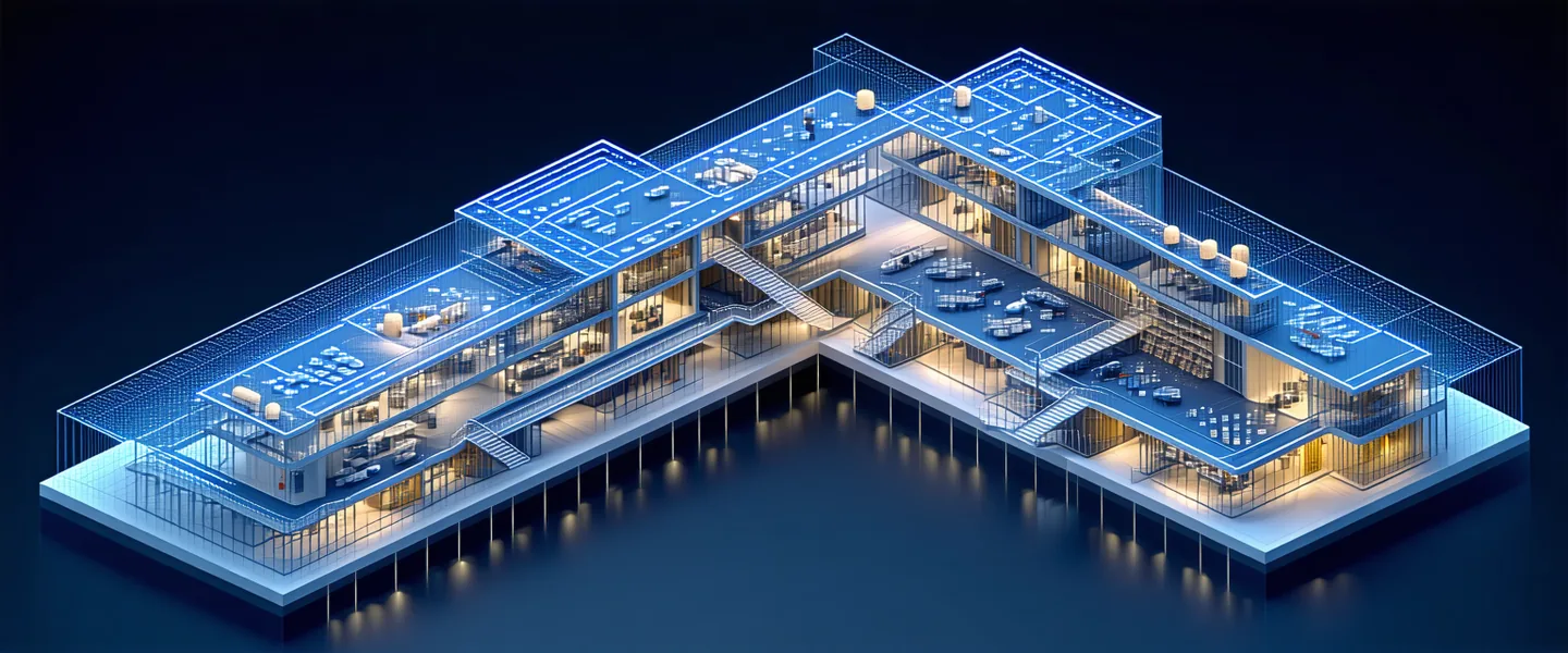 Abstract representation of architectural BIM model for a large commercial building, dark tones with structural grid overlay